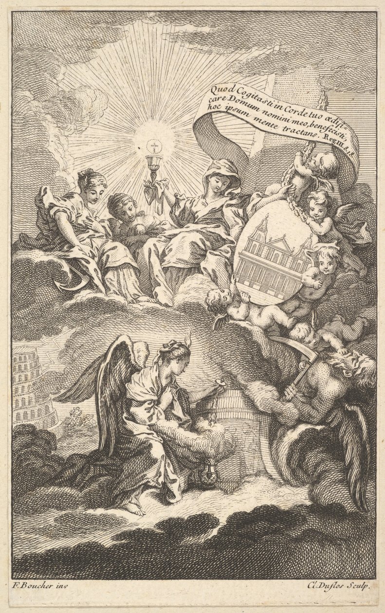 Frontispicio, de La construcción de St. Sulpice por Alexis Piron, ca. 1744 de Claude Augustin Duflos