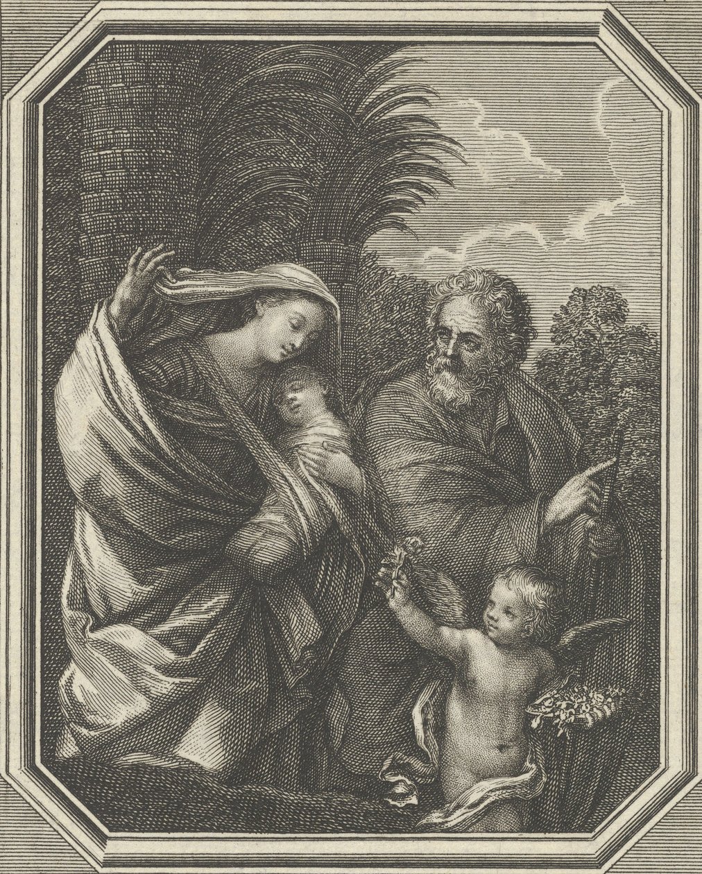 La huida a Egipto, la sagrada familia caminando con el joven Juan el Bautista, ca. 1720-86 de Claude Augustin Duflos