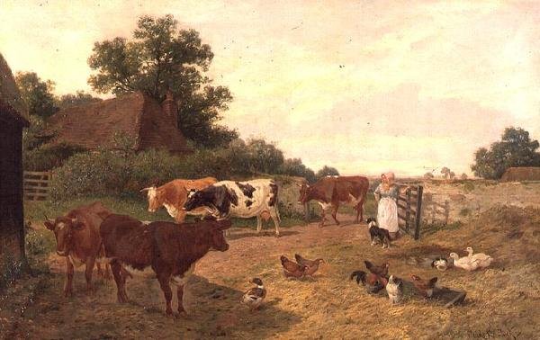 Escena de una granja en Kent, hora de ordeño de Claude Clark