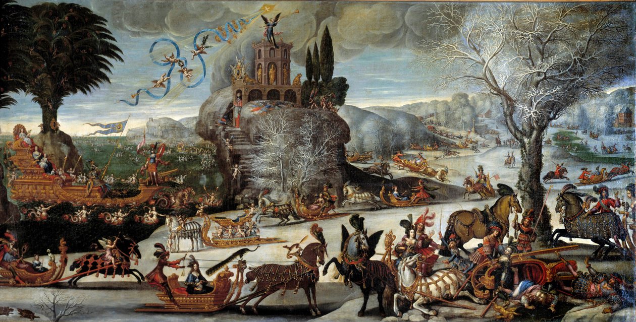 Los cuatro elementos: Agua. Escena de paisaje invernal, el Rey Luis XIII está representado como Neptuno, Ana de Austria como Anfitrite, el Príncipe y futuro Rey Luis XIV en un barco. Pintura de Claude Deruet (1588-1662). 1640-1641. Orleans. Museo de de Claude Deruet