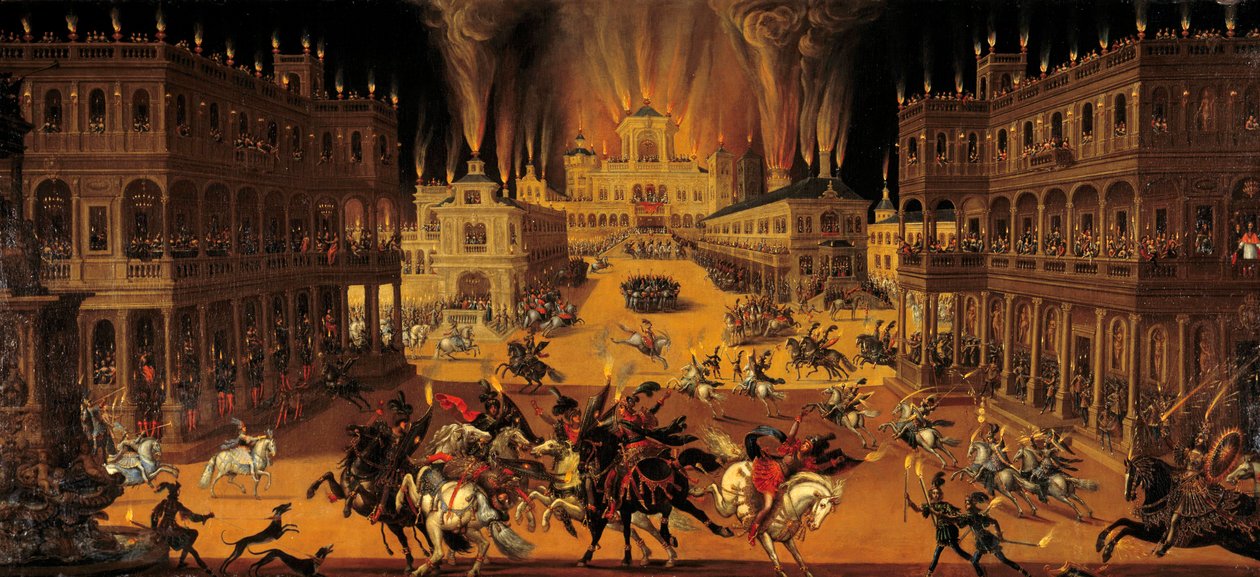Los cuatro elementos: fuego. Espectáculo y torneo ecuestre en la época de Luis XIII. A la derecha, el rey disfrazado participa en el espectáculo a caballo, mientras el Cardenal Richelieu observa la escena desde un balcón. Pintura de Claude Deruet de Claude Deruet