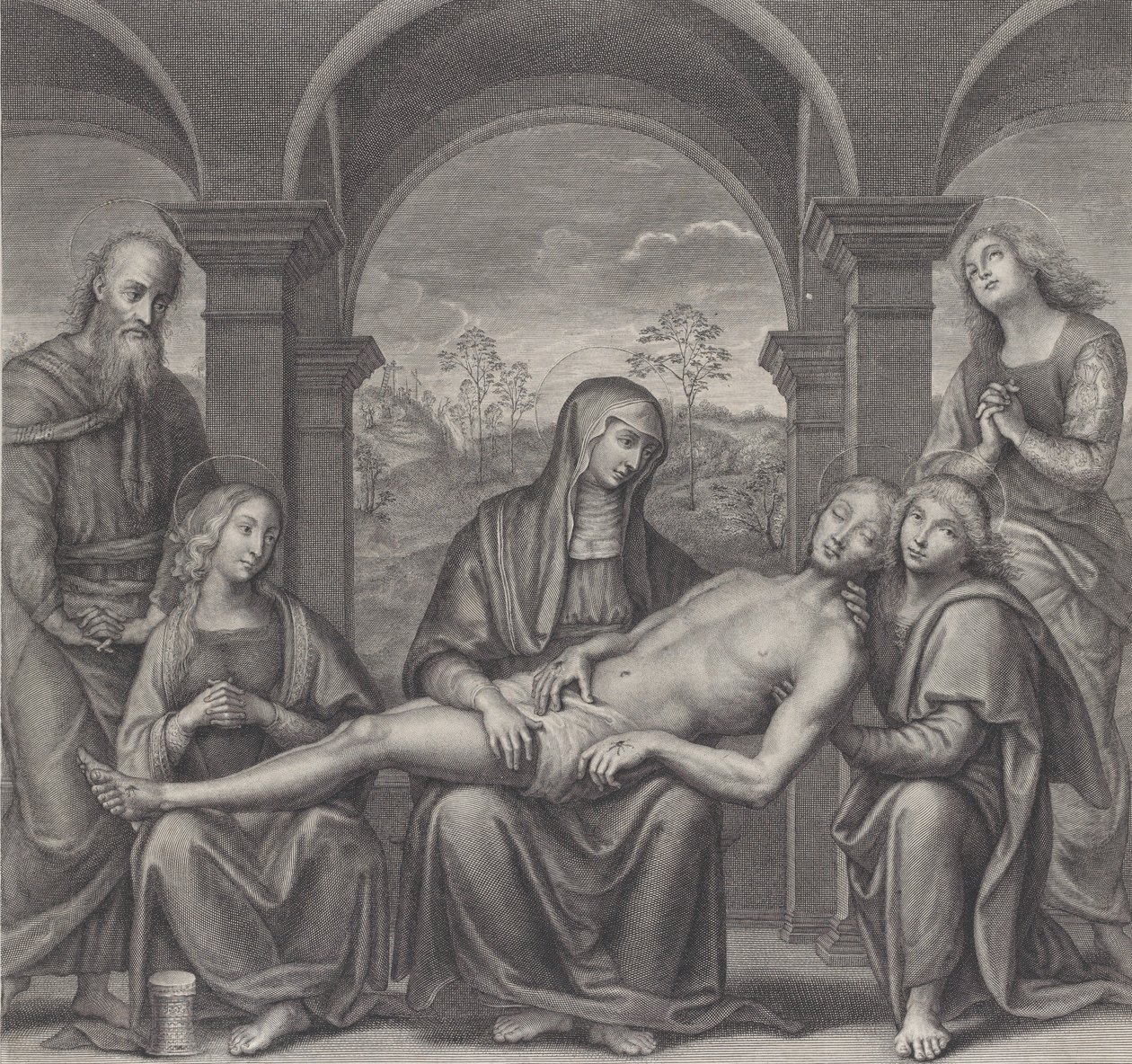 Cristo en la tumba, descansando sobre el regazo de la Virgen, después de Perugino, ca. 1685-1727 de Claude Duflos