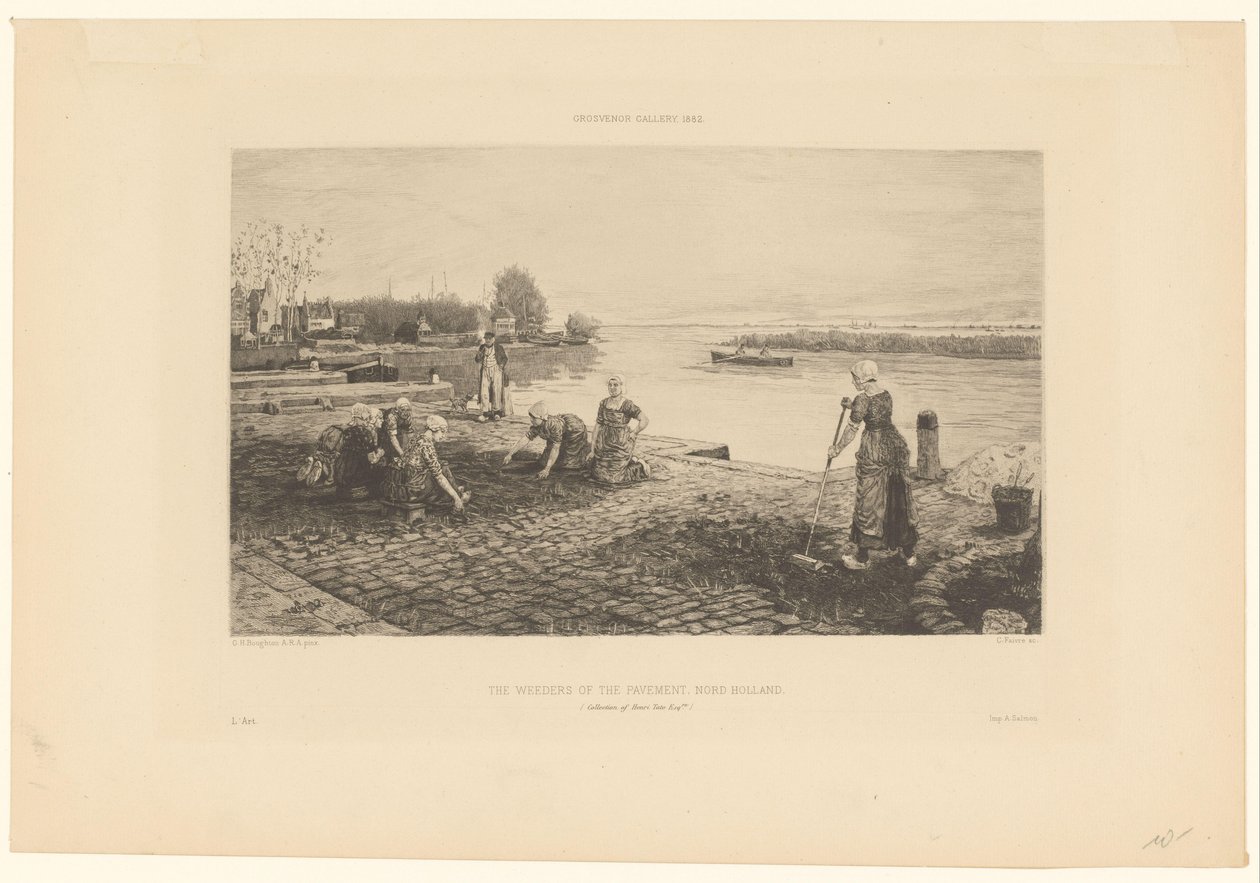 Mujeres desbrozando un muelle en el norte de Holanda
Los escardadores del pavimento, Nord Holland (título en el objeto) de Claude Faivre