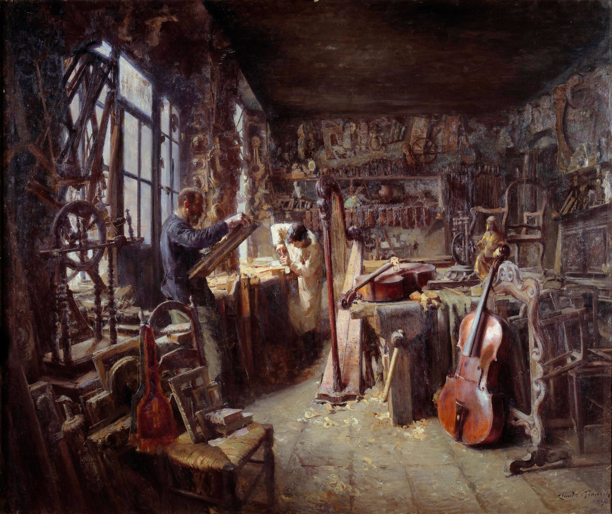 Un restaurador en su taller lleno de instrumentos. Pintura de Claude Firmin (1864-1944) 1896 Avignon musee Calvet ¡Atención! La utilización de esta obra puede estar sujeta a una solicitud de autorización de terceros o a tasas adicionales de Claude Firmin