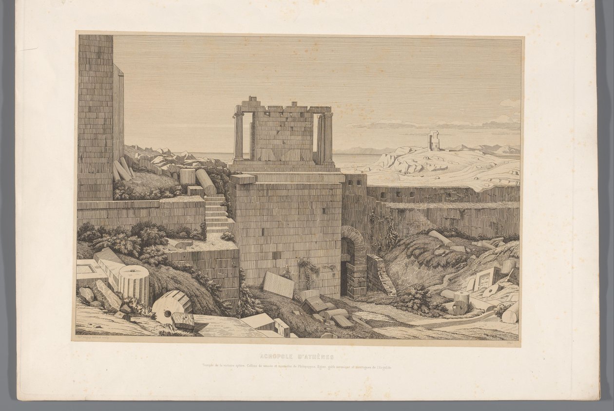 Gezicht op de Akropolis van Athene Acrópolis de Atenas (título sobre objeto) Vistas de los sitios más famosos de la antigua Grecia (...) (título de la serie) de Claude Félix Théodore Caruelle d
