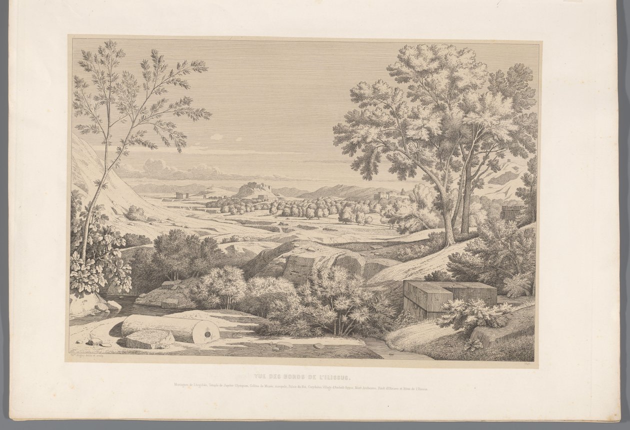 Gezicht op de oever van de rivier Ilisos Vista de los bordes del iliso. (título en el objeto) Vistas de los sitios más famosos de la antigua Grecia (...) (título de la serie) de Claude Félix Théodore Caruelle d