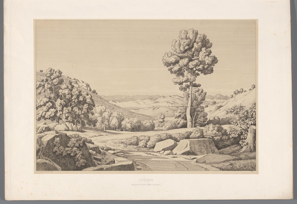 Landschap conoció a weg Attica (título sobre el objeto) Vistas de los sitios más famosos de la antigua Grecia (...) (título de la serie) de Claude Félix Théodore Caruelle d