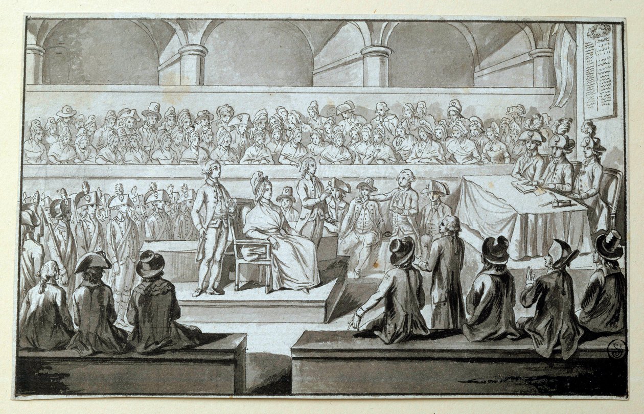 La reina de Francia María Antonieta ante el Tribunal Revolucionario: días 14,15,16/10/1793 El abogado que llevó su defensa en su caso es Claude Francois Chauveau-Lagarde (1756-1841). Dibujo en tinta negra Dim. 0,097x0,15 m. París, Museo del Louvre de Claude Francois Chauveau Lagarde
