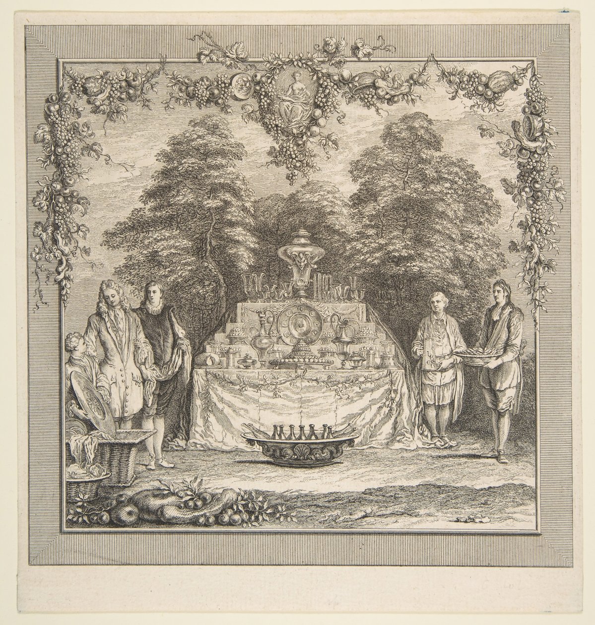 La colación preparada en un jardín. Creadores: Claude Gillot, Jacques Gabriel Huquier de Claude Gillot, Jacques Gabriel Huquier