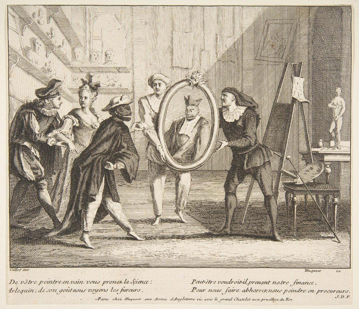 Pierrot y Scaramouche muestran el retrato de Arlequín de Claude Gillot, Jacques Gabriel Huquier