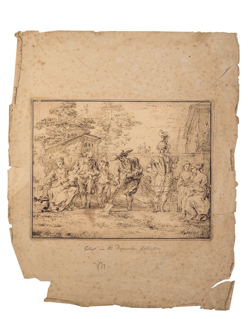 Les quatre âges de la vie: Siete figuras en un jardín, una cavando con una pala (pluma y tinta marrón) de Claude Gillot