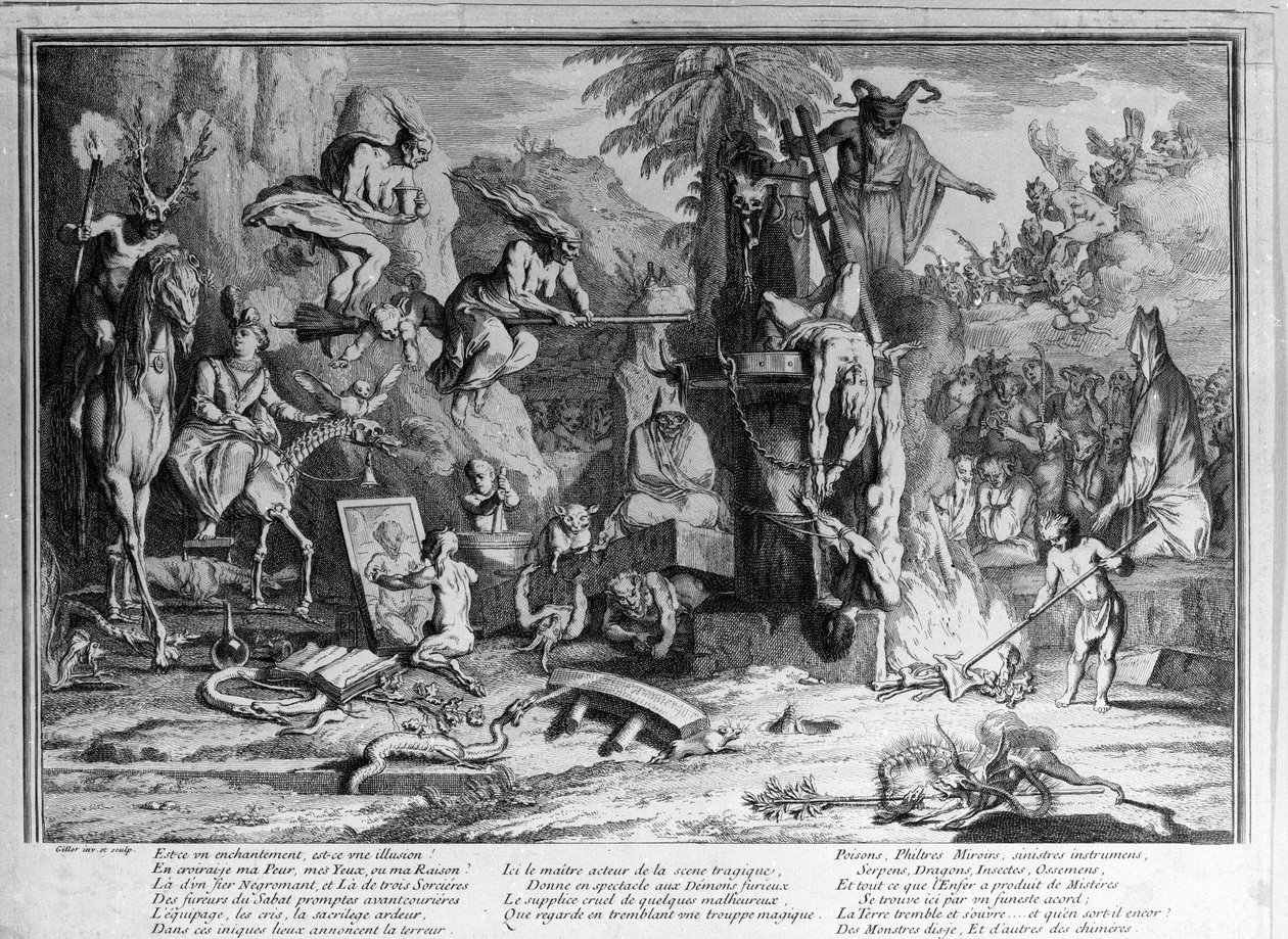 Ceremonias de sabbat, demonios, brujas y criaturas monstruosas bailando. Grabado de Gillot de Claude Gillot