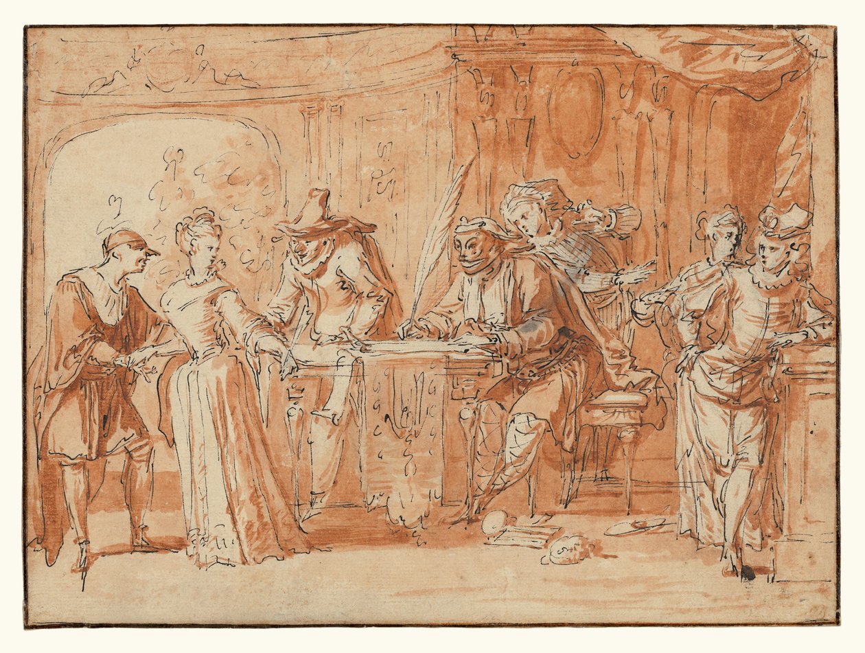 Szene aus der italienischen Komödie (recto); Figurenstudie (verso) de Claude Gillot