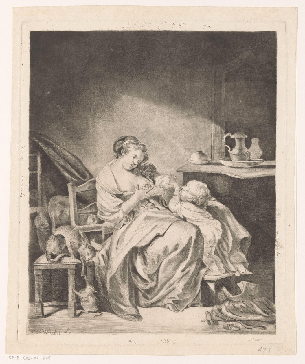 Interior con una mujer sentada alimentando a su hijo de Claude Henri Watelet