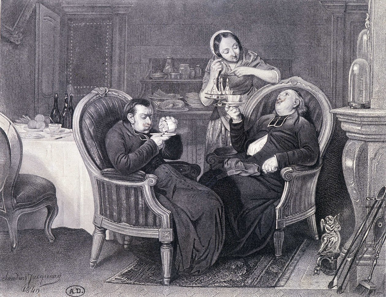Después de la cena: Dos sacerdotes toman café y digestivo, servidos por su criada. de Claude Jacquand
