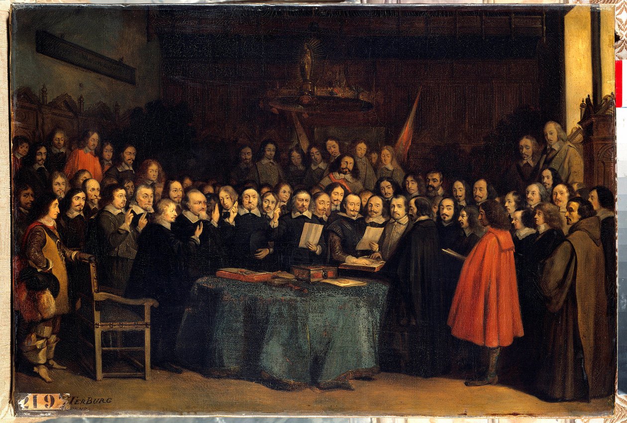 La paz de Westfalia, el juramento después de la ratificación de la paz entre los españoles y los neerlandeses, en el Ayuntamiento de Münster el 15/05/1648. Terminaron la Guerra de los Treinta Años de Claude Jacquand