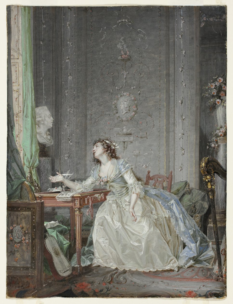 Interior con un retrato de una joven ante un busto de Claude Jean Baptiste Hoin