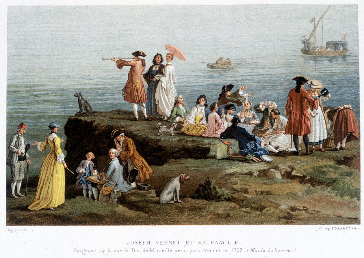 Joseph Vernet y su familia - reproducción del siglo XIX de un fragmento de la vista del puerto de Marsella pintado por Vernet en 1753 (Museo del Louvre) de Claude Joseph (after) Vernet