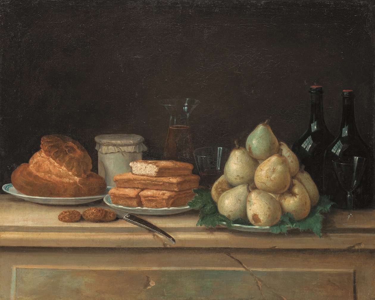 Peras y pan en platos, con botellas de vino y copas en un alféizar de piedra (óleo sobre lienzo) de Claude Joseph Fraichot