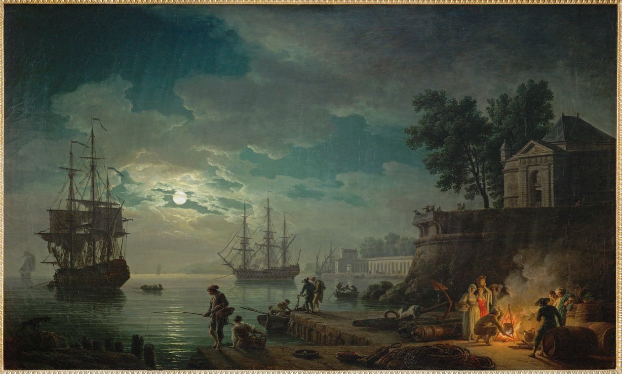 Por la noche, un puerto marítimo iluminado por la luna ... de Claude Joseph Vernet