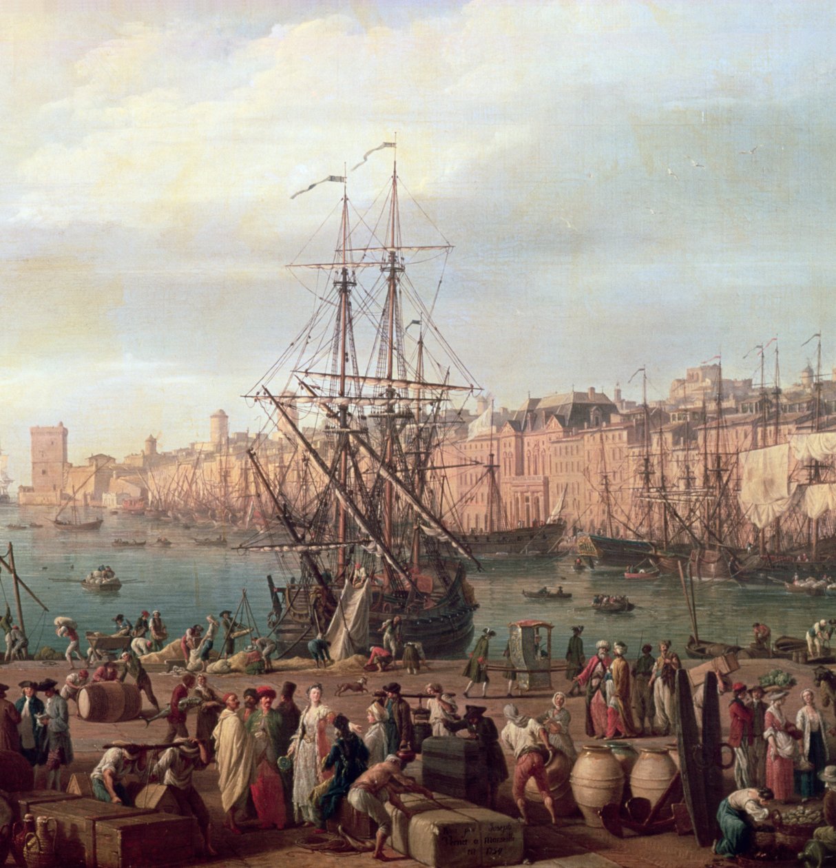 Vista matutina del puerto interior de Marsella y el Pabellón del Reloj del Parque, 1754 (detalle) de Claude Joseph Vernet