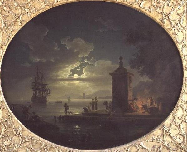 Noche: un paisaje costero iluminado por la luna con pescadores junto a un fuego en un muelle, un barco de guerra más allá de Claude Joseph Vernet