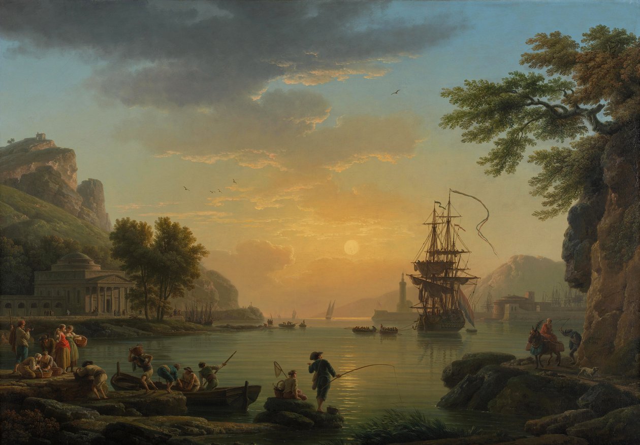 Paisaje al atardecer con pescadores regresando con su captura de Claude Joseph Vernet