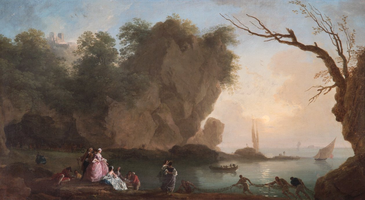 Puesta de sol: Vista sobre una bahía con figuras de Claude Joseph Vernet