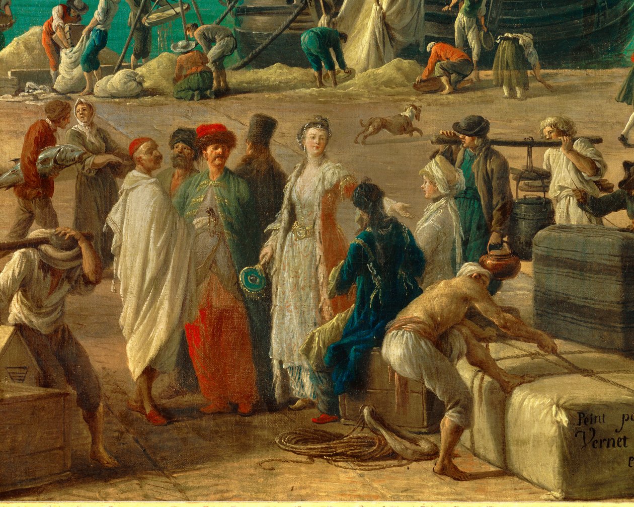 (detalle) El puerto de Marsella en el siglo XVIII. Detalle que representa la descarga de mercancías. Pintura de Joseph Vernet (1714-1789) de Claude Joseph Vernet
