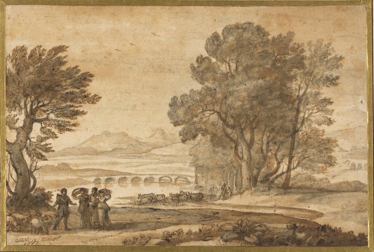 Un paisaje fluvial boscoso con Jacob, Labán y sus hijas de Claude Lorrain