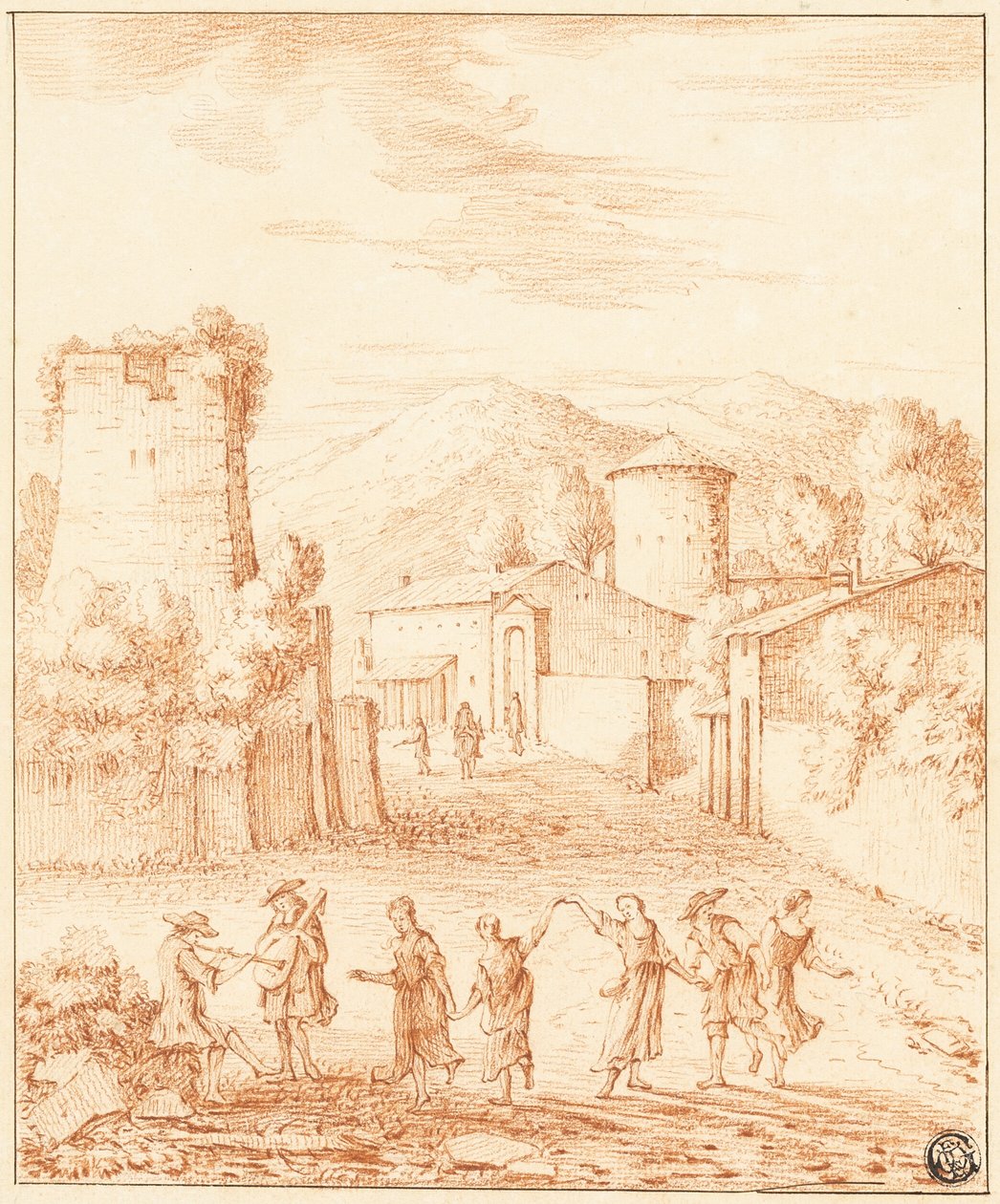 Bailarines y músicos ante pueblo con torre en ruinas de Claude Lorrain