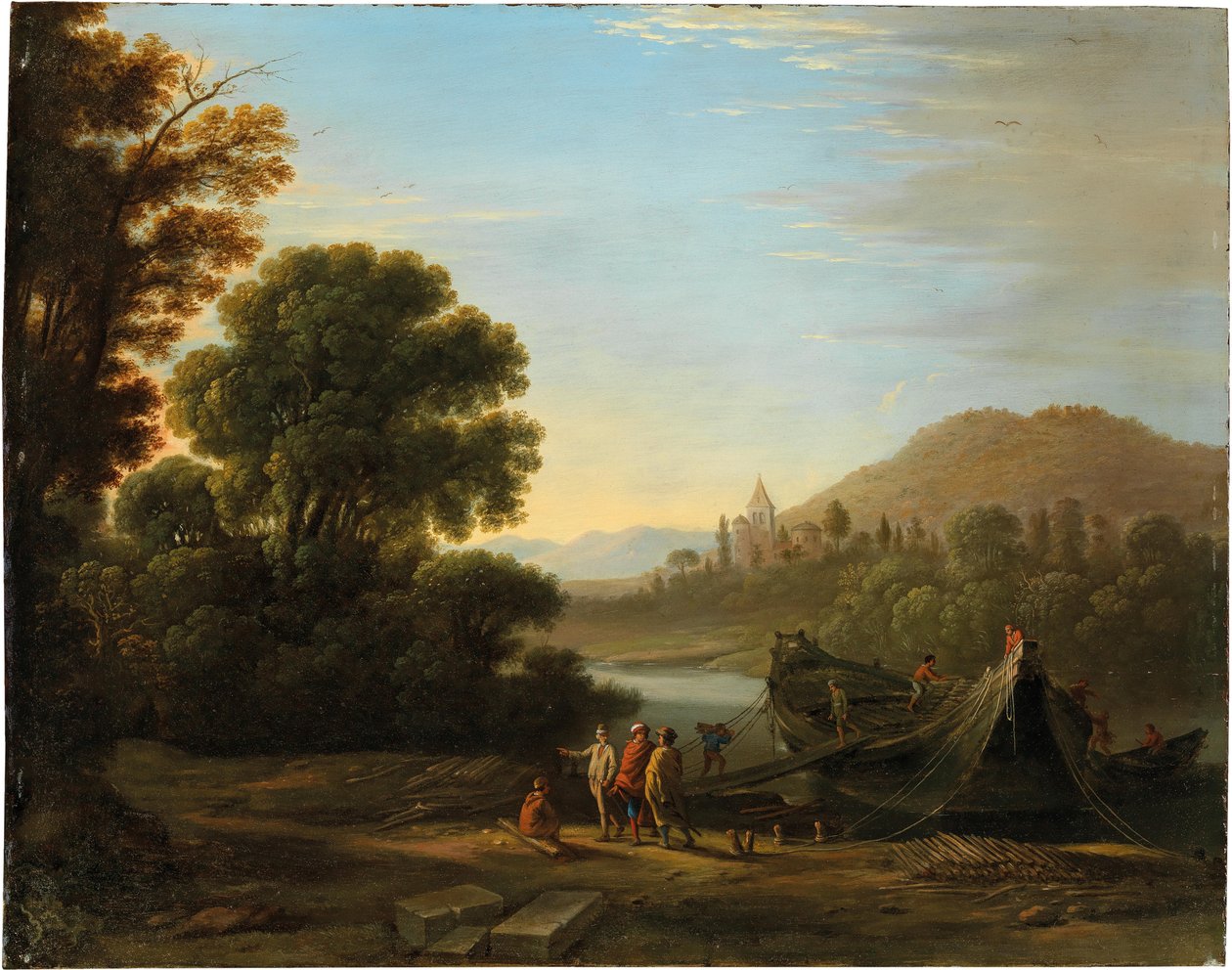 Francés: Paysage avec personnages chargeant du bois sur un bateau Paisaje con figuras cargando madera en un barco de Claude Lorrain