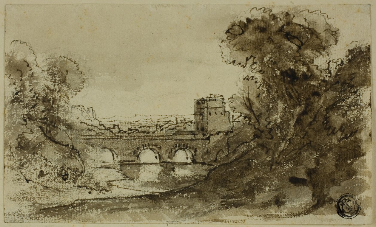 Paisaje fluvial italianizante con puente con torre de Claude Lorrain