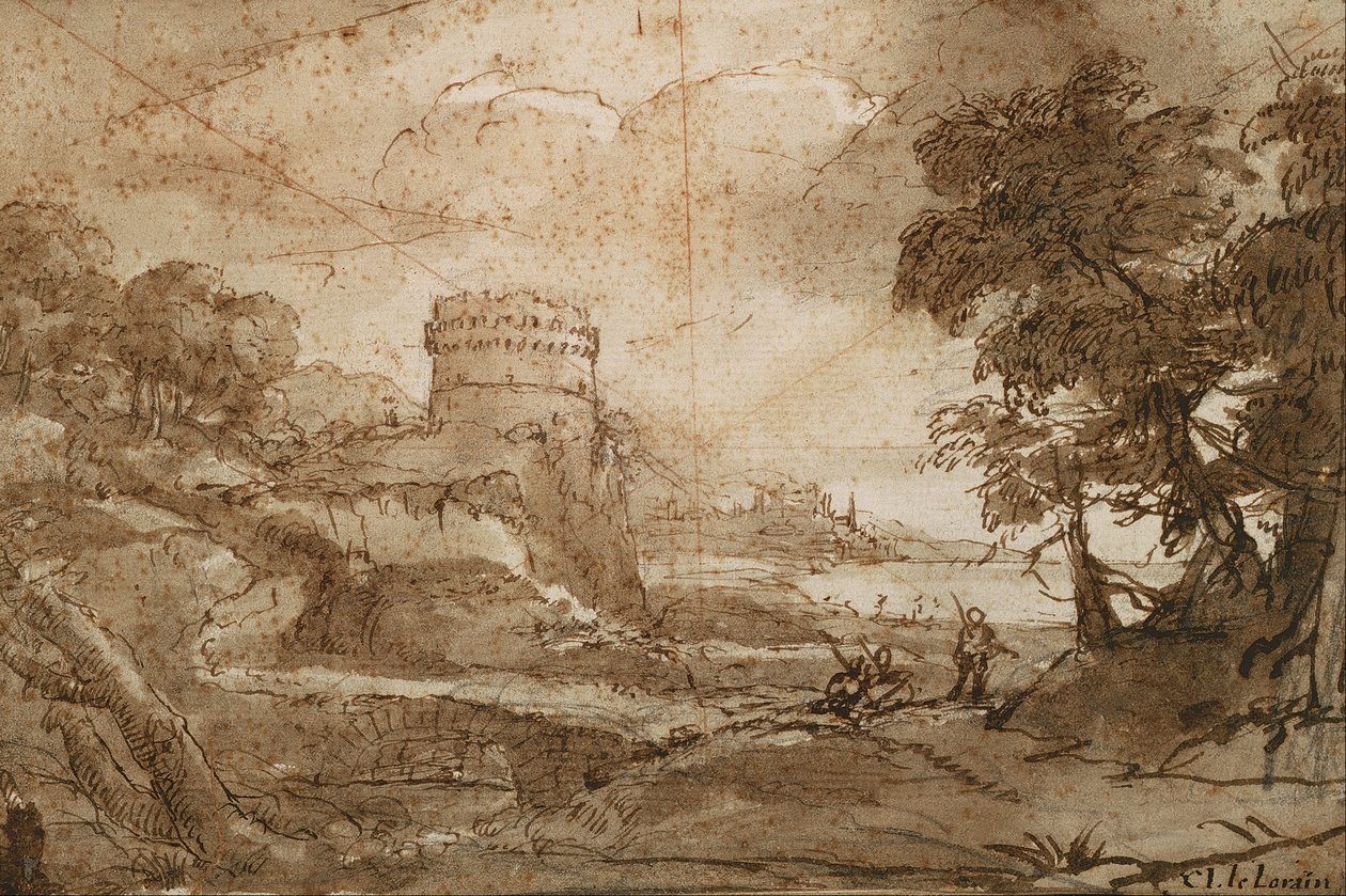 Paisaje con torre redonda y bahía de Claude Lorrain