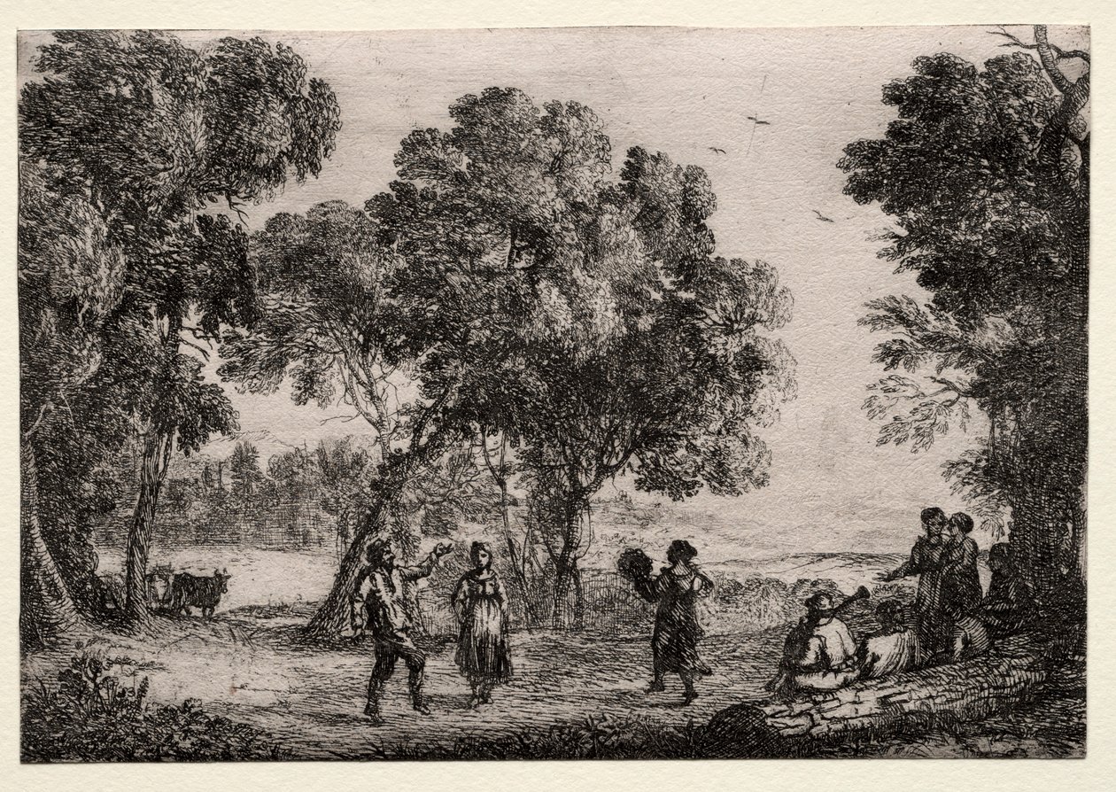 Paisaje con una danza campestre, placa pequeña, c. 1637 de Claude Lorrain