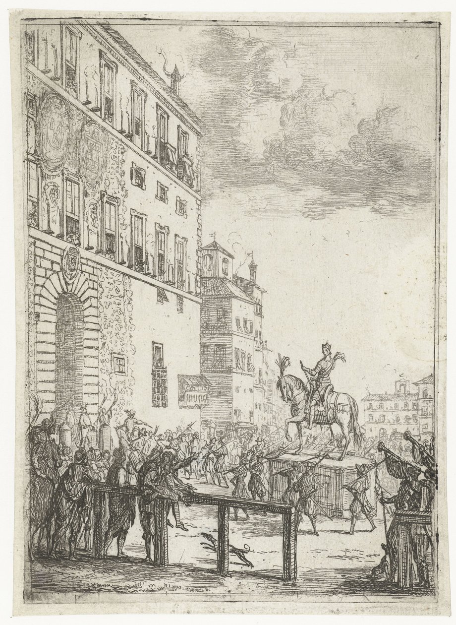 Estatua ecuestre del emperador del Sacro Imperio Romano Germánico La estatua equestre du roi des romains Fuegos artificiales y festividades con motivo del recién elegido emperador del Sacro Imperio Romano Germánico (título de la serie) de Claude Lorrain