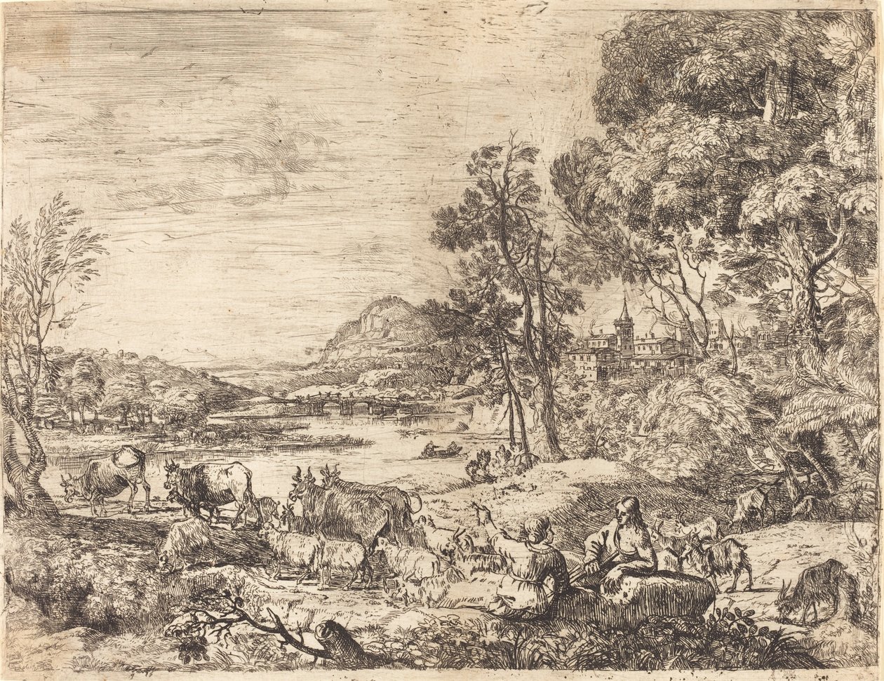 Pastor y pastora conversando en un paisaje de Claude Lorrain