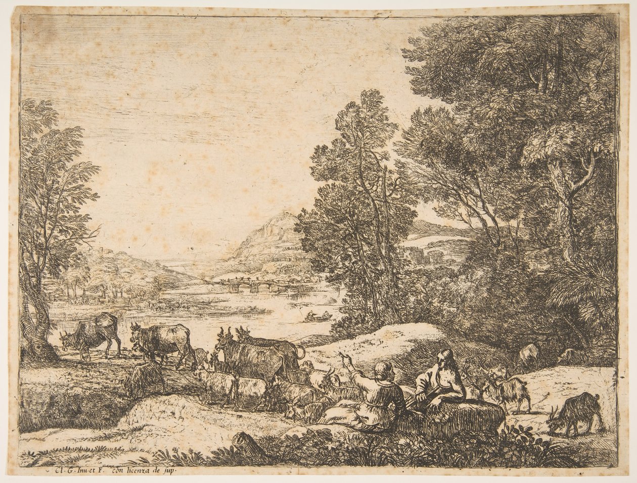Pastor y pastora conversando en un paisaje de Claude Lorrain