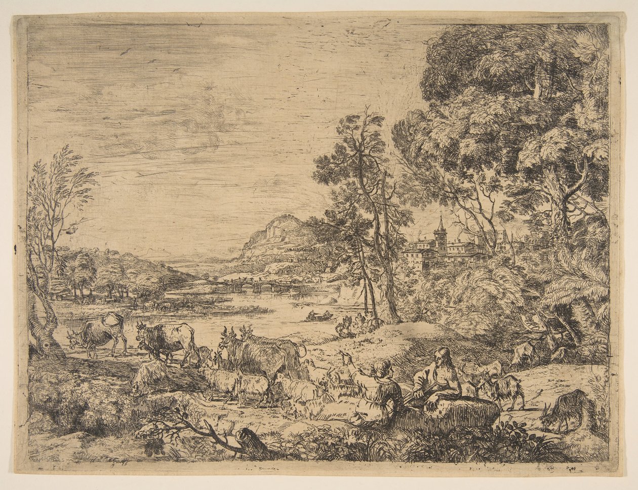 Pastor y pastora conversando en un paisaje, ca. 1651 de Claude Lorrain