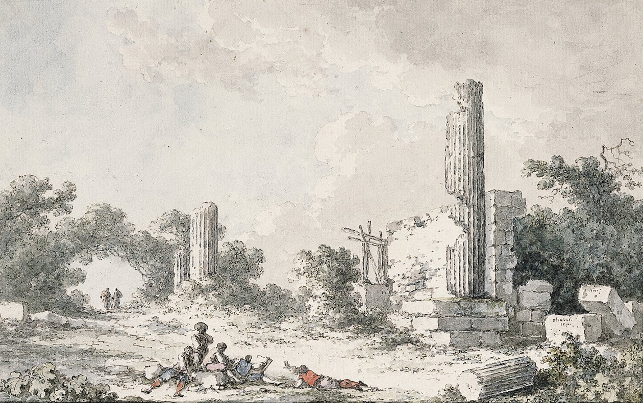 Las ruinas del Templo de Cástor y Pólux, Agrigento, con artistas dibujando de Claude Louis Chatelet
