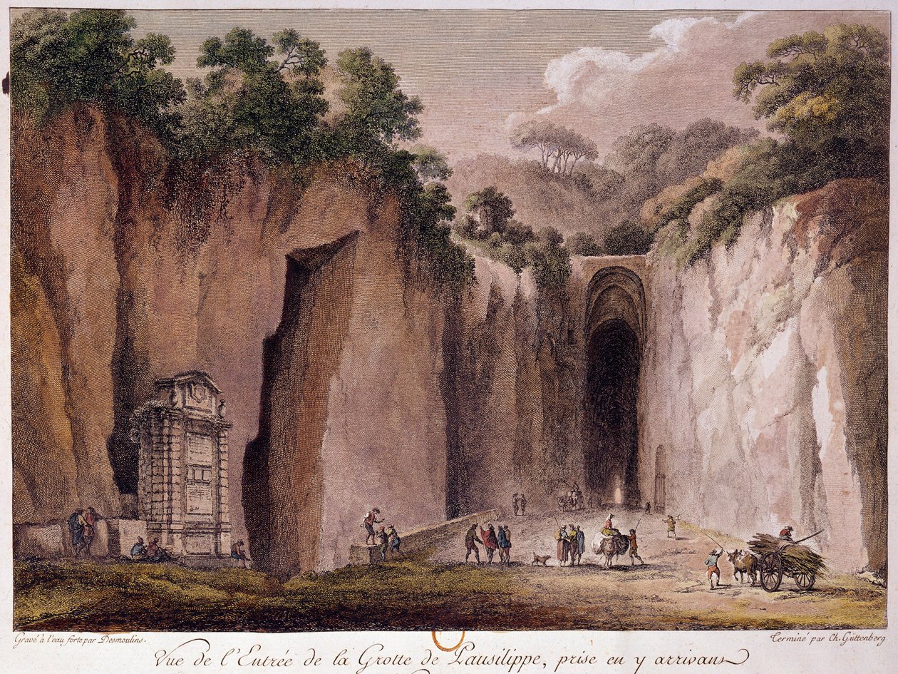Vista de la cueva de Pausilippe (Posillipo) (o “Grotta Vecchia”), cerca de Nápoles. dibujo de Chatelet de Claude Louis Chatelet