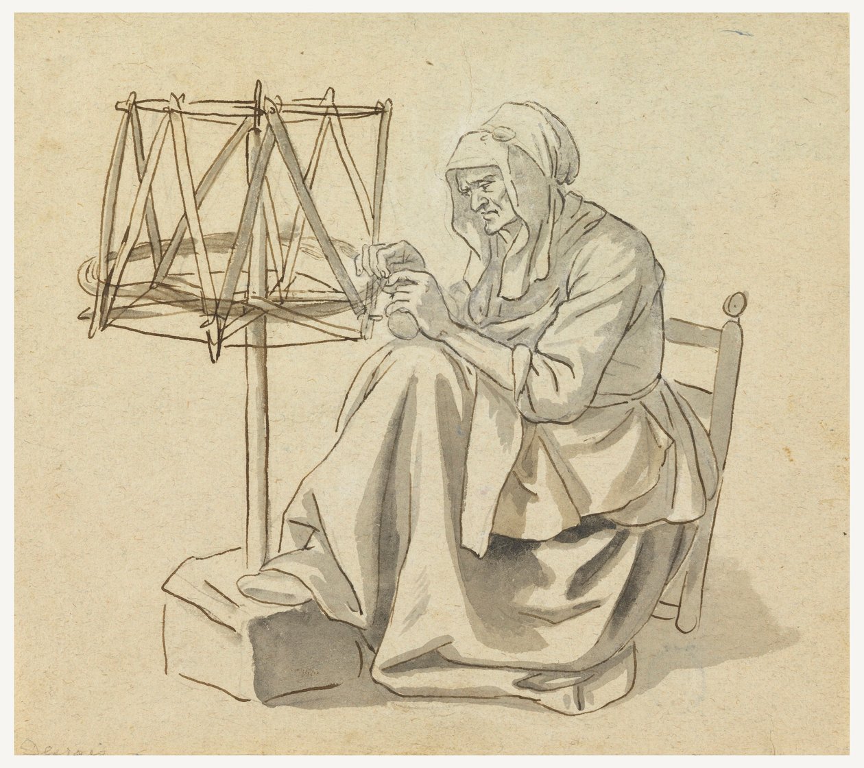 Dibujo, Una anciana hilando, 1810-30 de Claude Louis Desrais