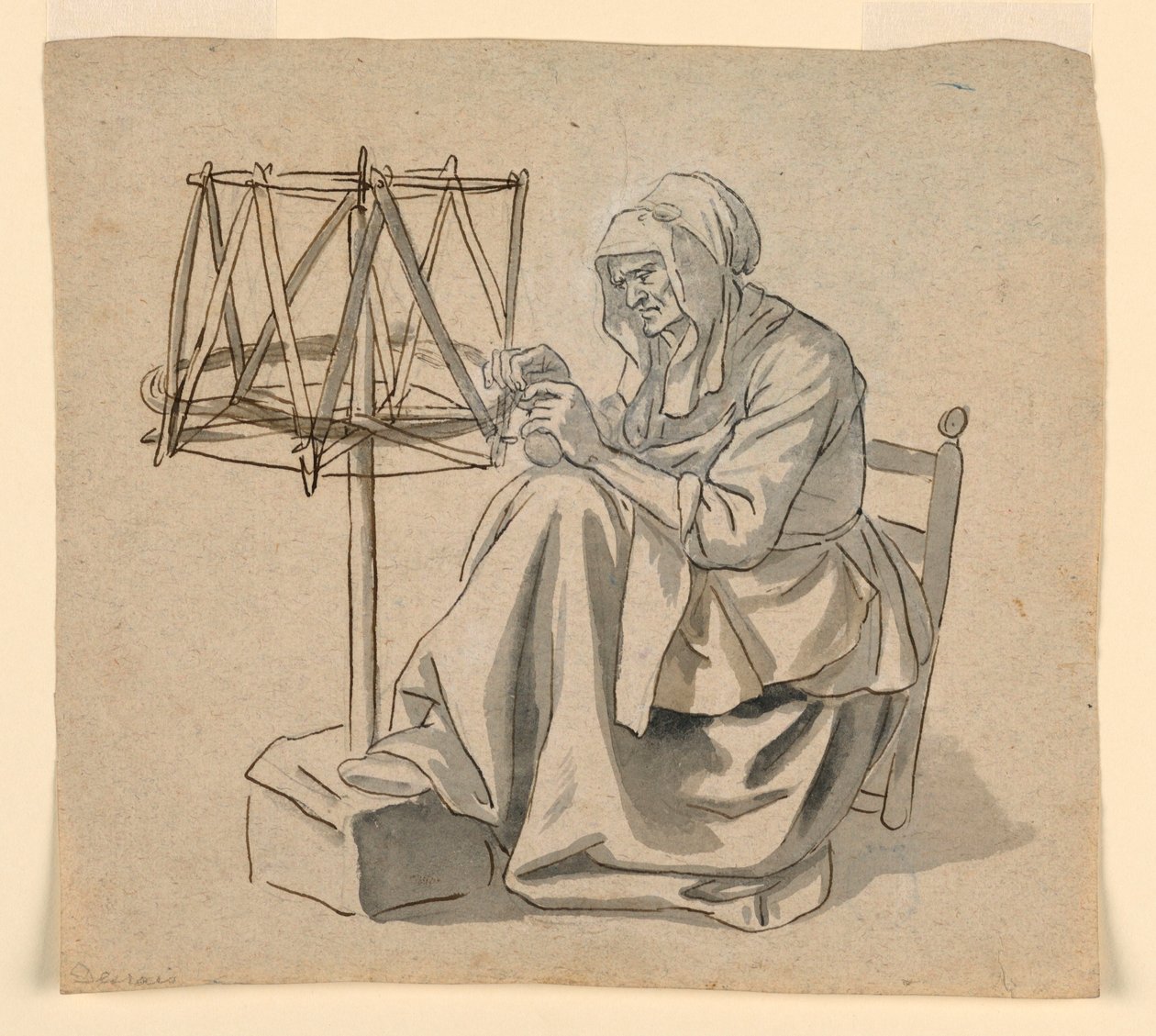 Dibujo, Una anciana hilando, 1810-30 de Claude Louis Desrais