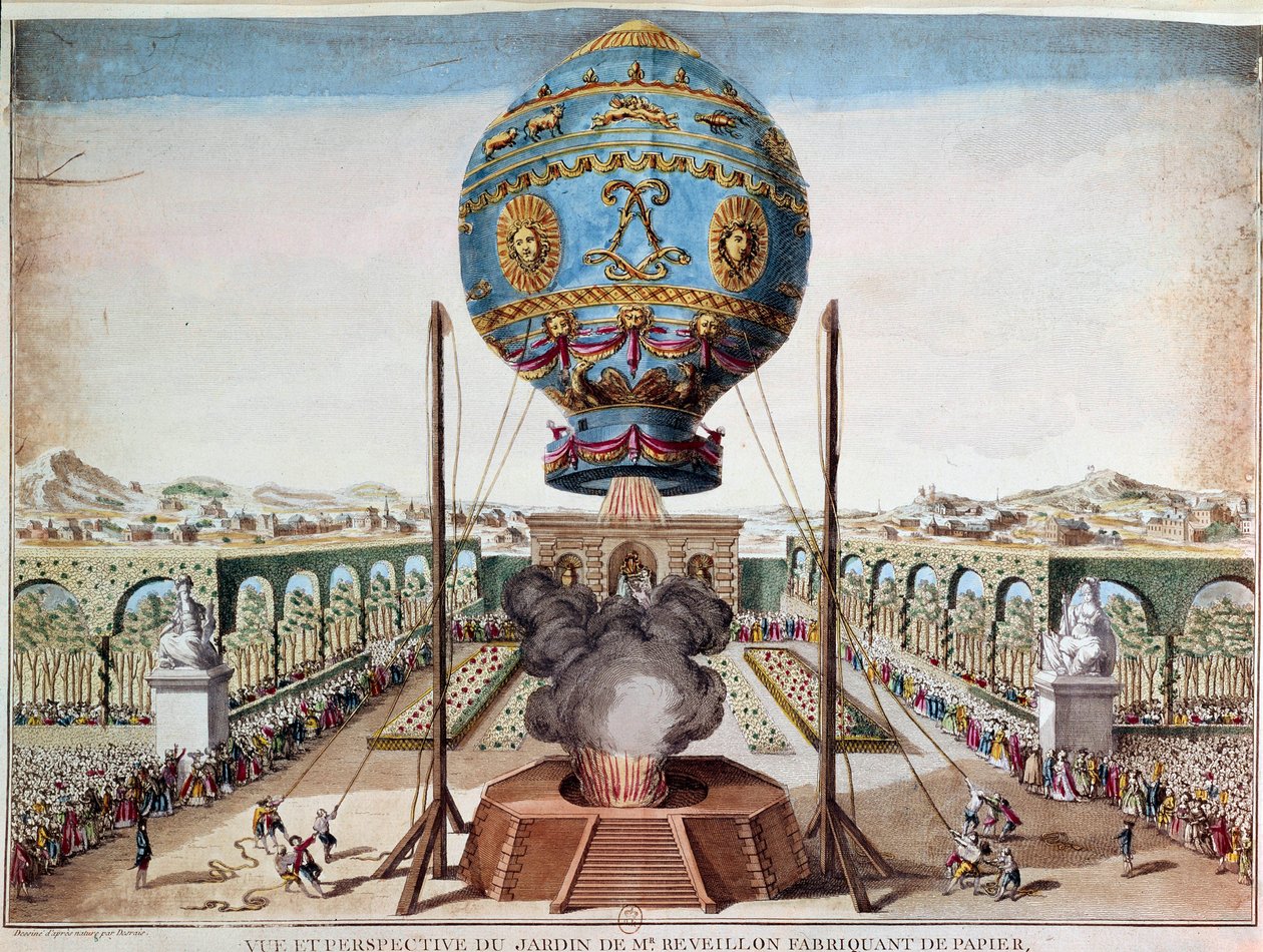 Experimento de los hermanos Montgolfiere el 19 de octubre de 1783 en el jardín de Monsieur Reveillon, faubourg Saint Antoine en París. Grabado por Desrais Claude Louis Desrais (1746-1816) de Claude Louis Desrais