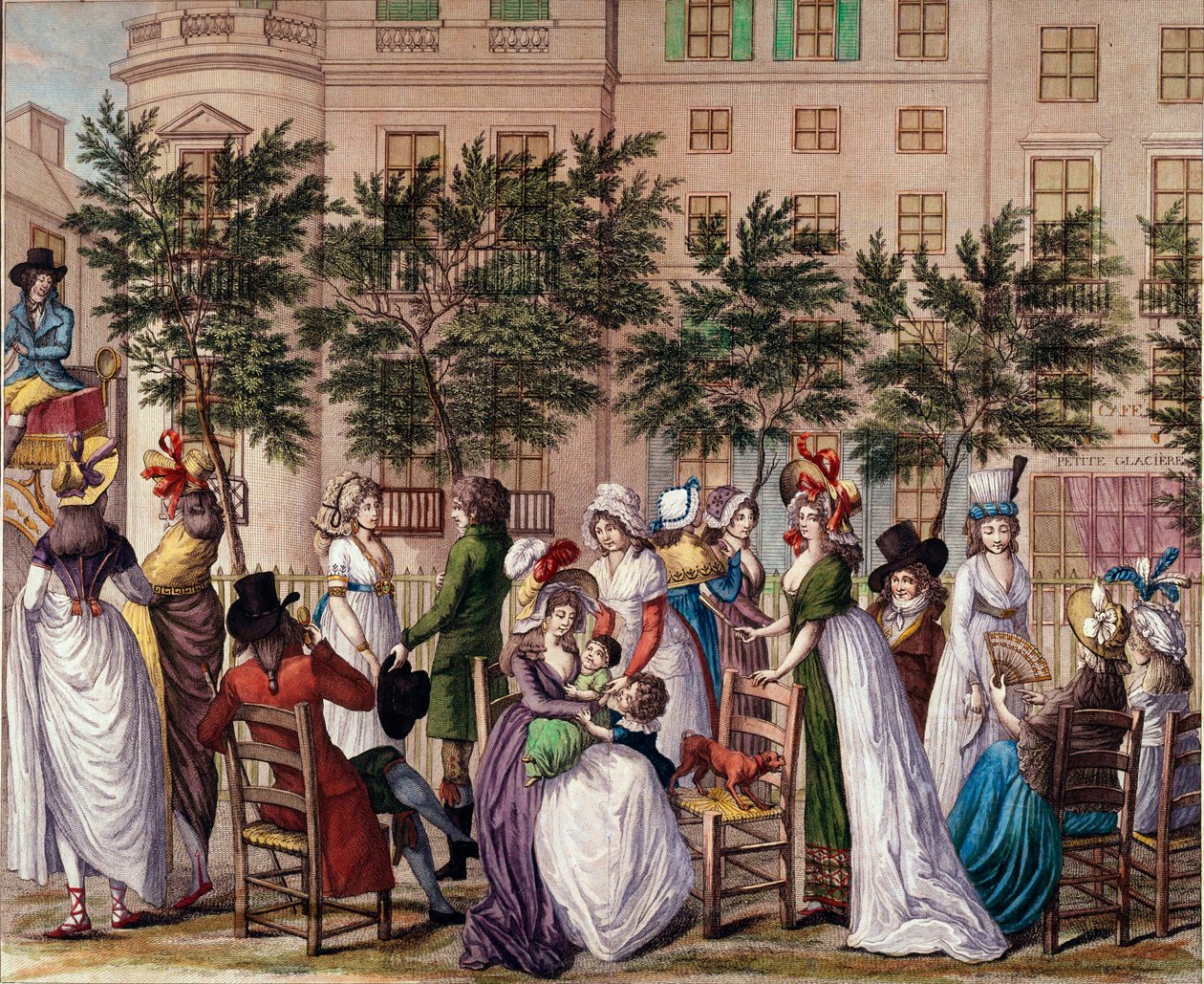 Moda bajo el Directorio: “Le petit Coblenz”, el paseo del Boulevard des Italiens en París. Litografía de Claude Louis Desrais 1798 de Claude Louis Desrais
