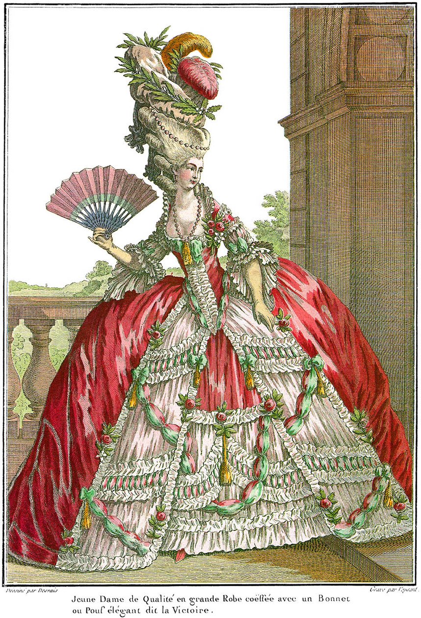Vestido de corte francés con anchos paniers, 1778 de Claude Louis Desrais