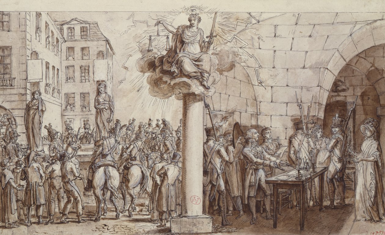 La viuda Morin y su hija Angelique Delaporte en la Conciergerie y castigadas con ser encadenadas en público por el crimen de extorsión con violencia de firmas, 1812 de Claude Louis Desrais