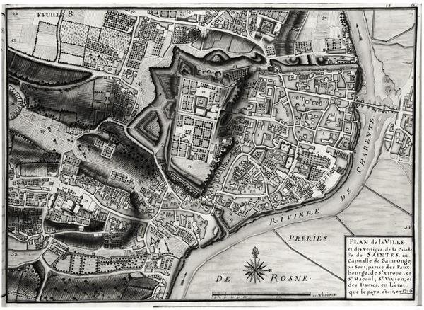 Mapa de Saintes, capital de Saintonge, de Receuil des Plans de Saintonge, 1716 de Claude Masse