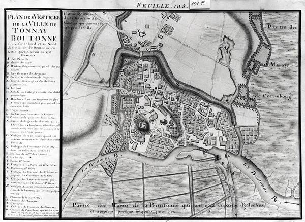 Fol.105 Mapa de la ciudad de Tonnay-Boutonne, del Recueil des Plans de Saintonge de Claude Masse