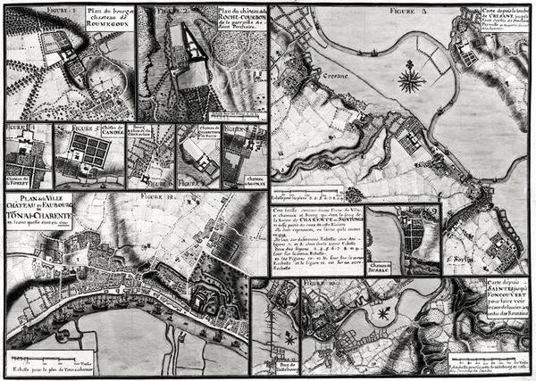 Fol.7 y 98 Mapa de las ciudades y castillos situados a lo largo del río Charente en 1714, del Recueil des Plans de Saintonge de Claude Masse